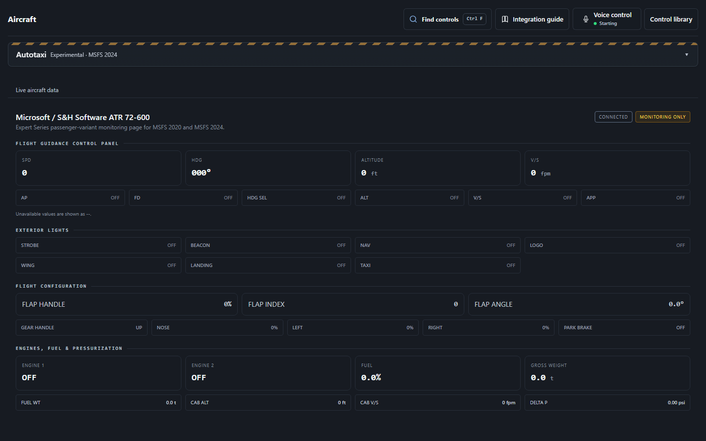 Development preview of the FlightFabric Aircraft page for the ATR 72-600, showing its live cockpit values with sample data