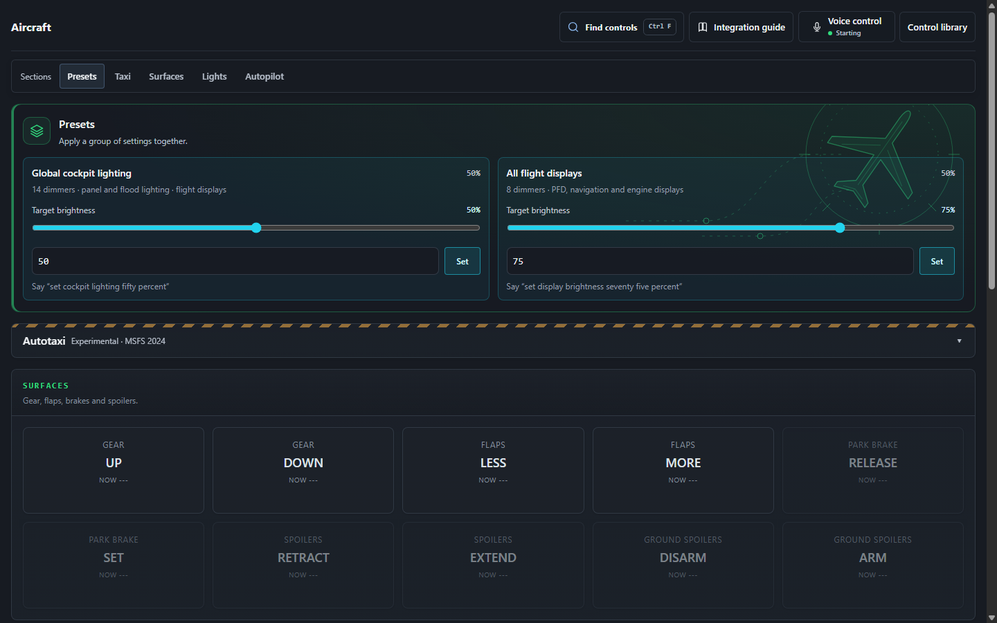 Development preview of the FlightFabric Aircraft page for the Headwind A330neo, showing its cockpit-system sections, presets and controls with sample data
