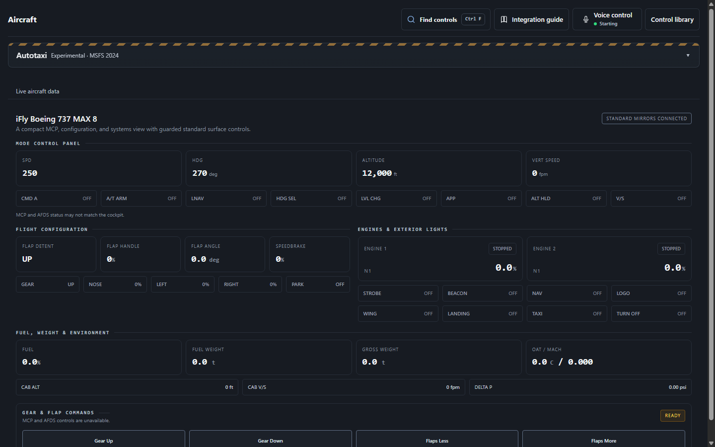 Development preview of the FlightFabric Aircraft page for the iFly 737 MAX 8, showing its live cockpit values with sample data