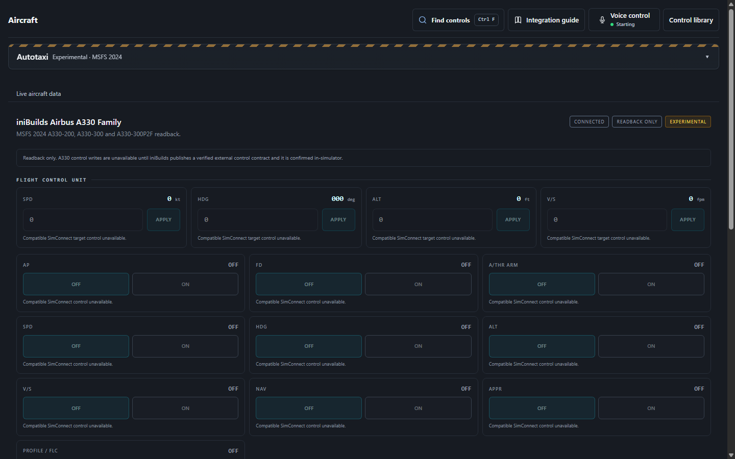 Development preview of the FlightFabric Aircraft page for the iniBuilds A330, showing its live cockpit values with sample data