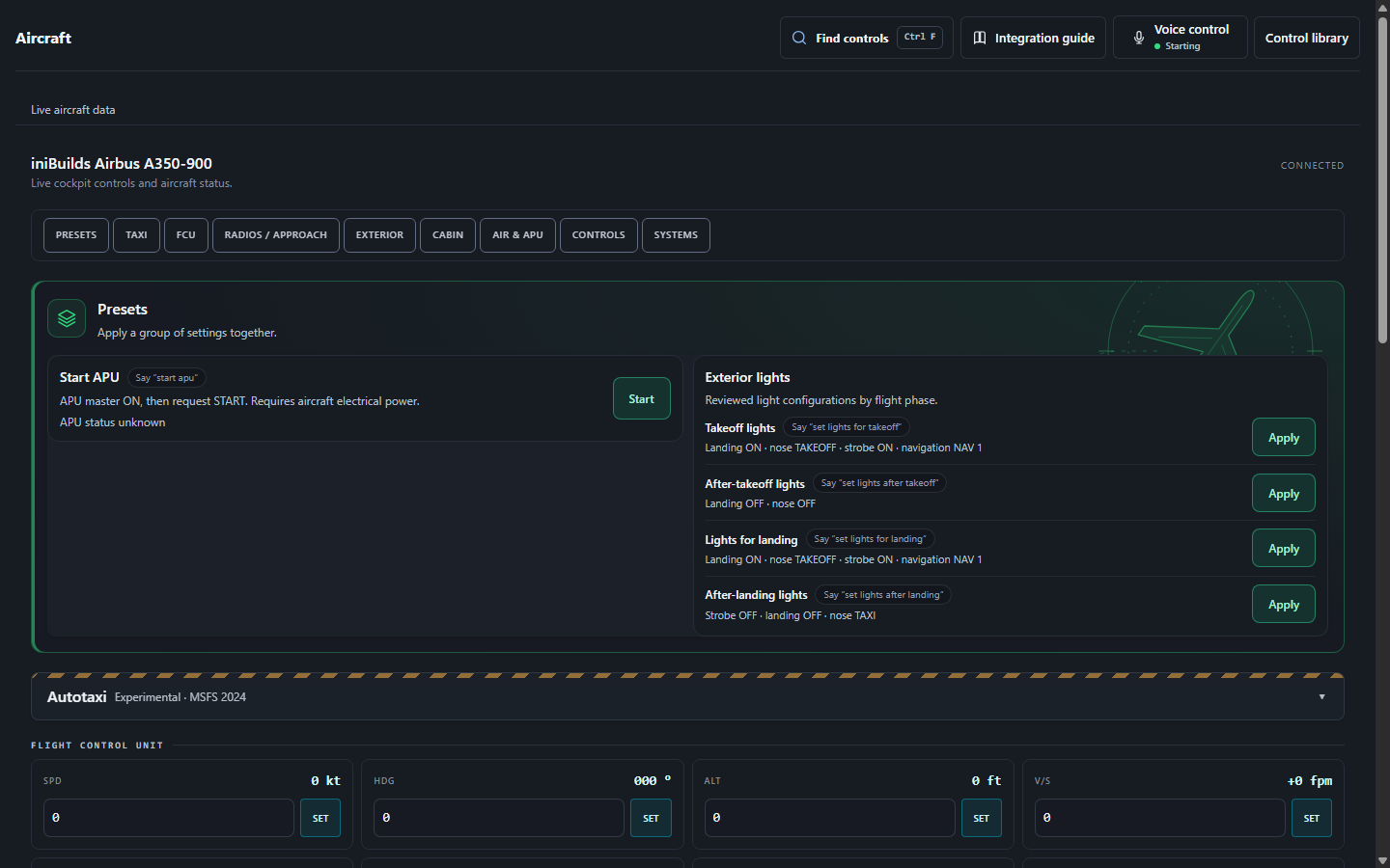 Development preview of the FlightFabric Aircraft page for the iniBuilds A350, showing its cockpit-system sections, presets and controls with sample data