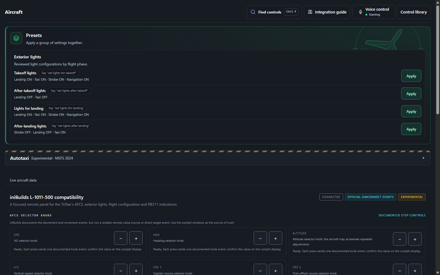 Development preview of the FlightFabric Aircraft page for the iniBuilds TriStar L-1011, showing its cockpit-system sections, presets and controls with sample data