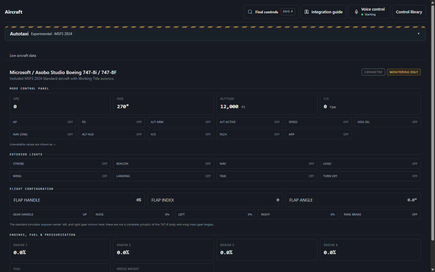 Development preview of the FlightFabric Aircraft page for the Microsoft 747-8, showing its live cockpit values with sample data