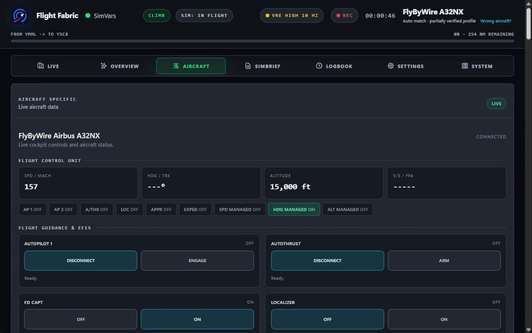 Flight Fabric aircraft page showing live FlyByWire A32NX flight-control and guidance status