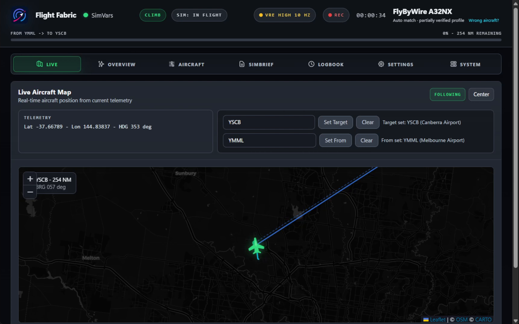 Flight Fabric desktop app showing a live aircraft map and route progress from Melbourne to Canberra