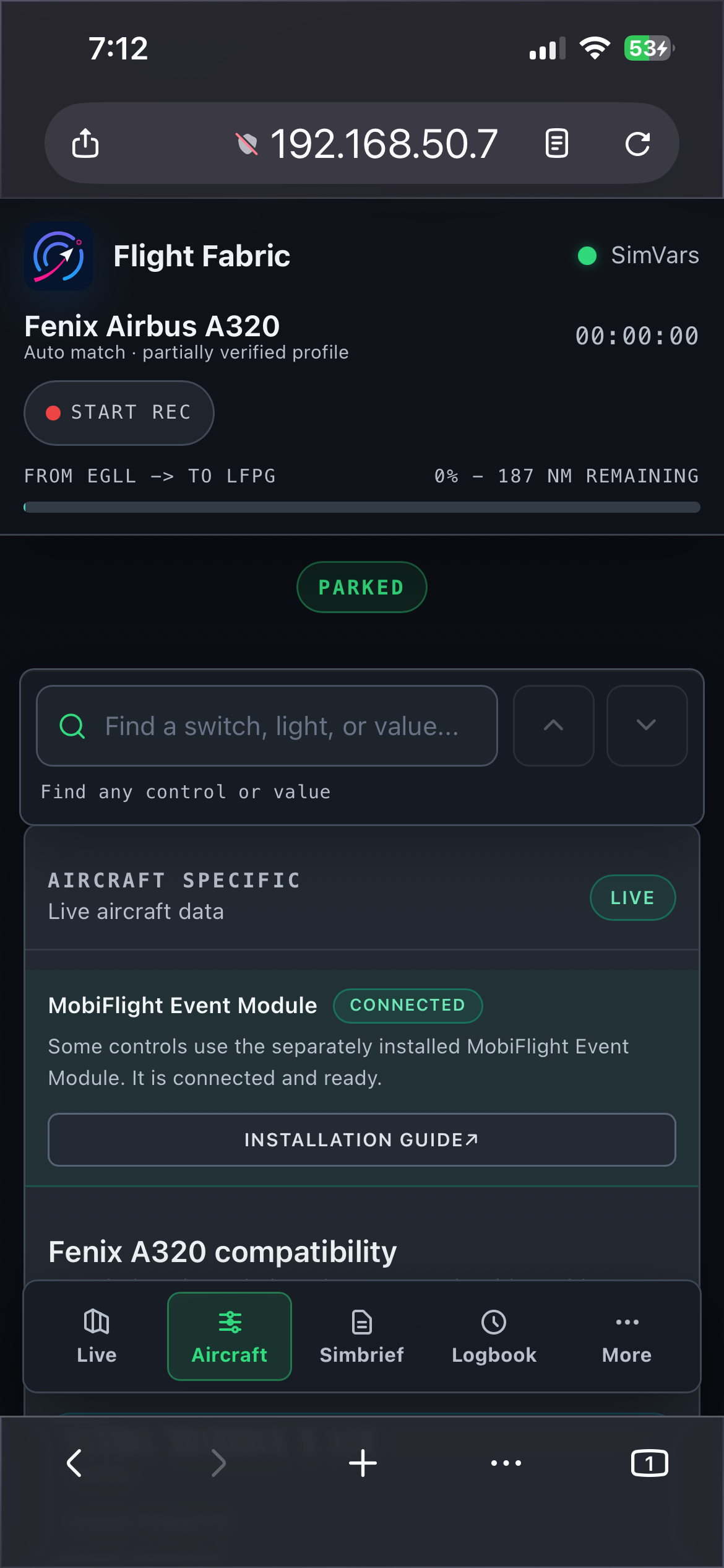 Flight Fabric mobile aircraft view showing Fenix A320 compatibility and searchable controls