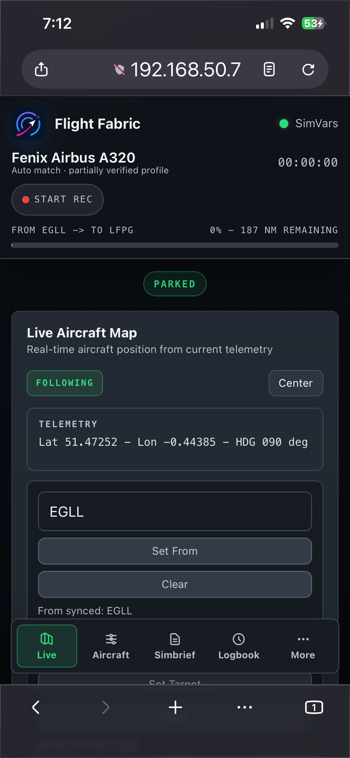 Flight Fabric mobile live view showing aircraft status and live map controls