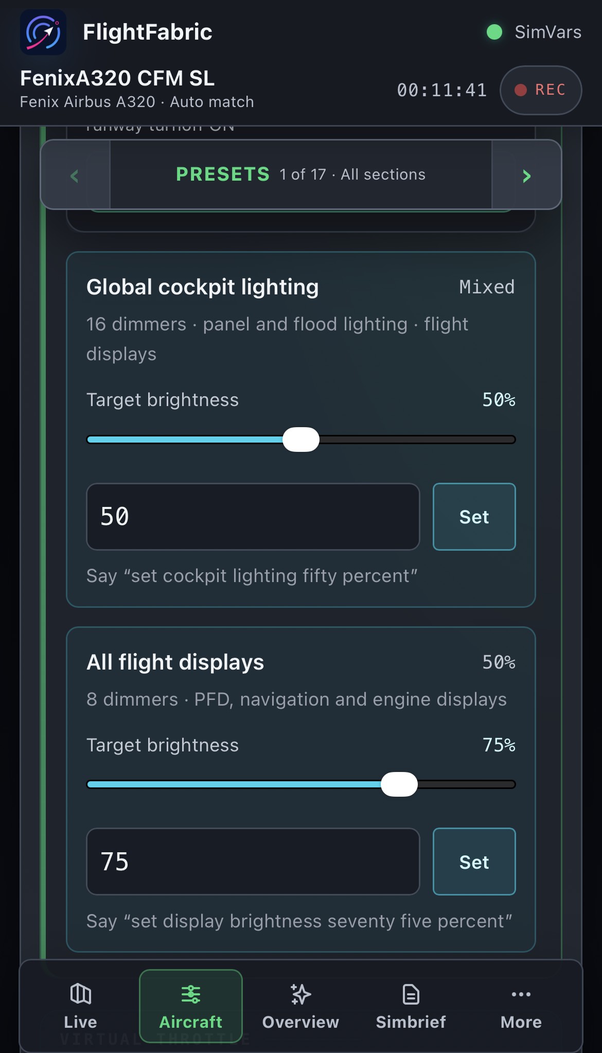 FlightFabric on a phone during a Fenix A320 flight: cockpit lighting presets with brightness sliders for global cockpit lighting and all flight displays, each with its voice command
