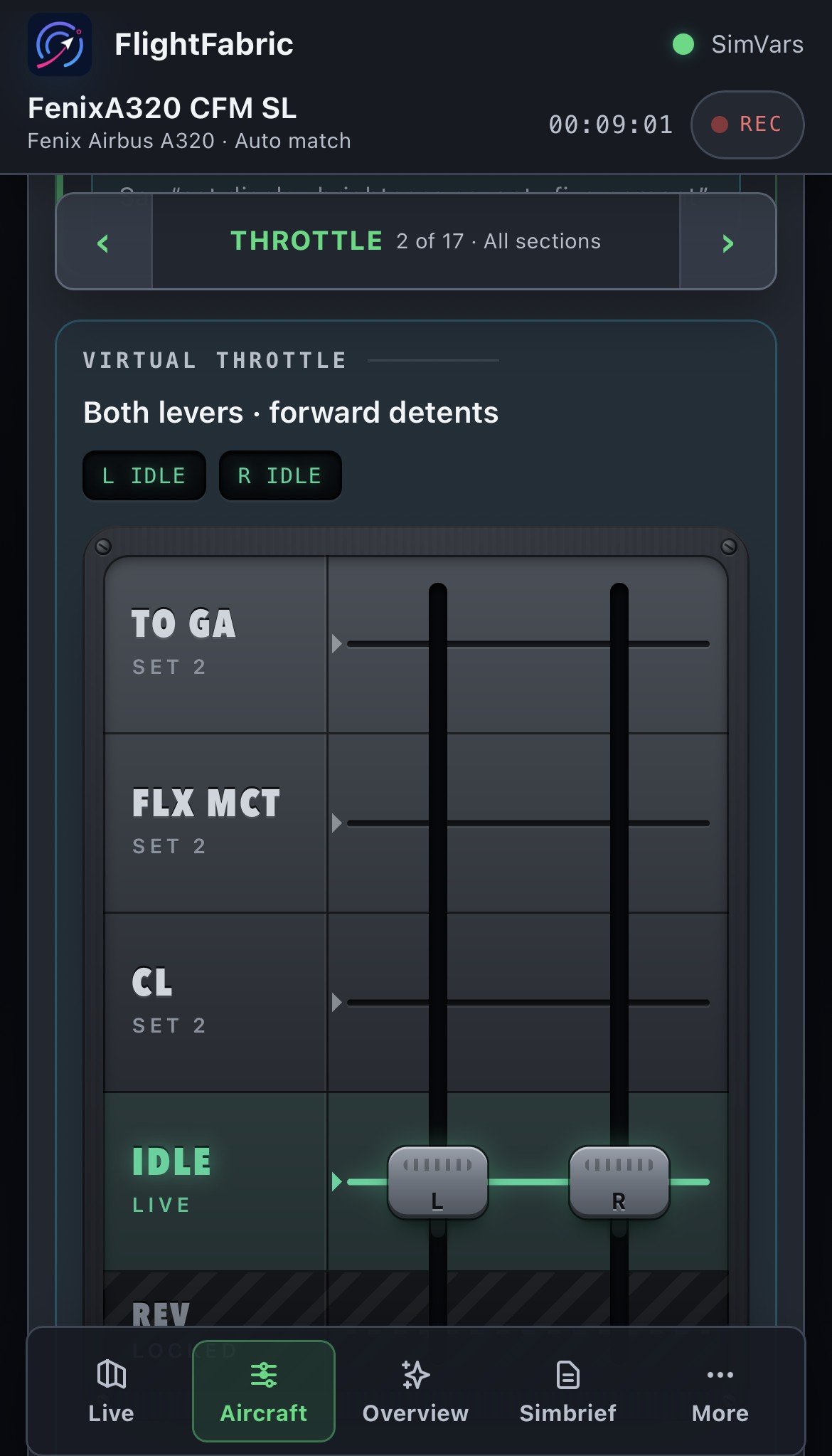 FlightFabric on a phone during a recorded Fenix A320 flight: the virtual throttle with both levers at idle and TO GA, FLX MCT and CL detents