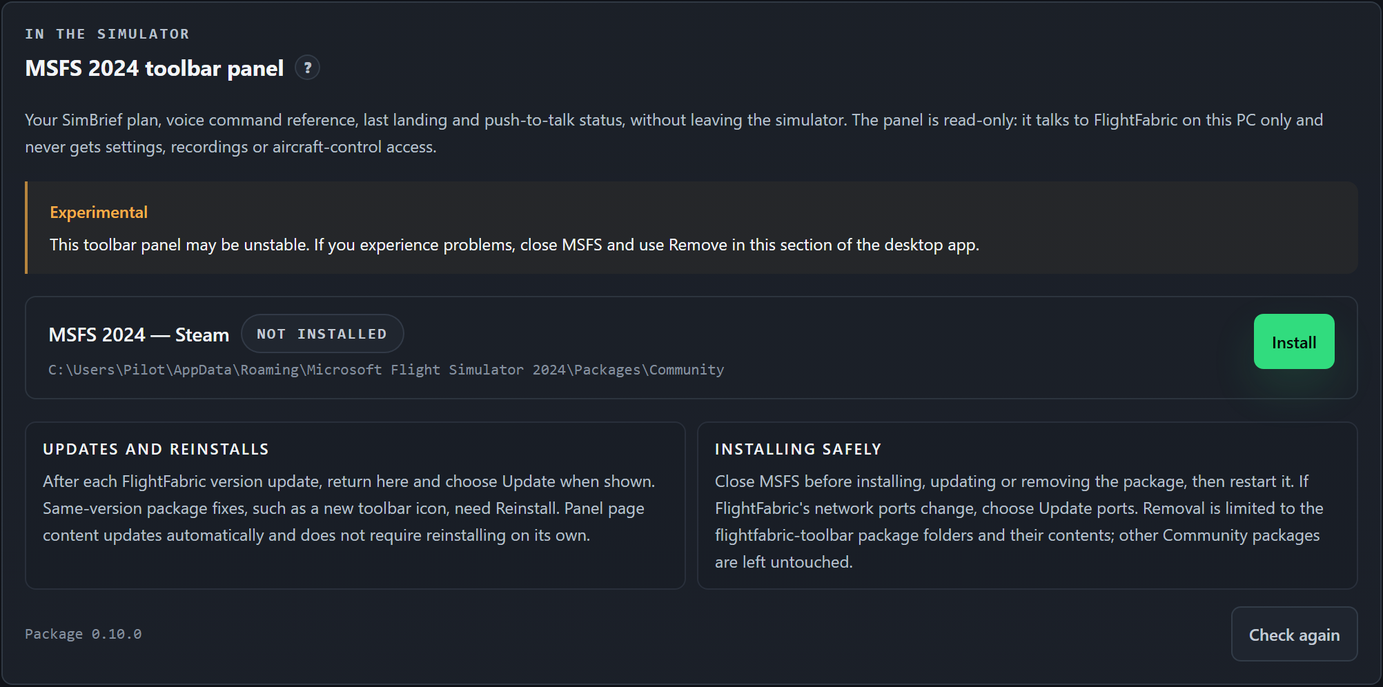 The MSFS 2024 toolbar panel section in FlightFabric Settings. An Experimental notice sits above a row for MSFS 2024 Steam marked Not installed, with its Community folder path and an Install button.