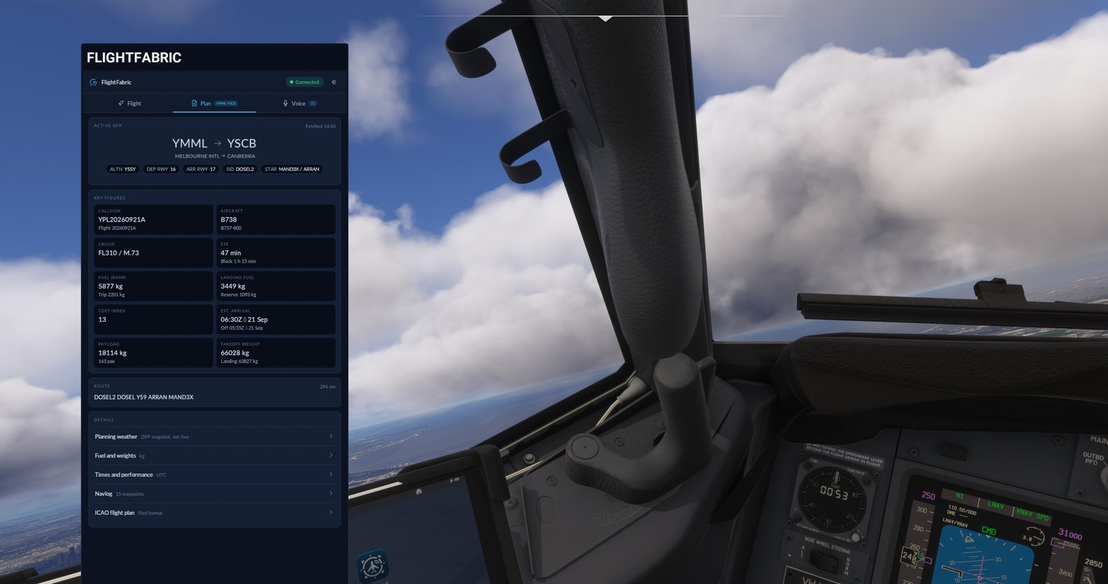 The FlightFabric toolbar panel open over the PMDG 737 cockpit in MSFS 2024, showing a SimBrief flight plan with departure, arrival, route and key figures.